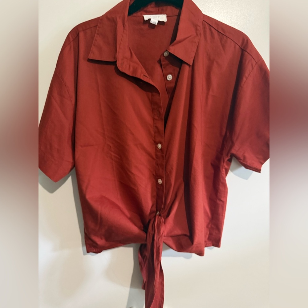 LOFT Rust Red Tie-Front Button Shirt